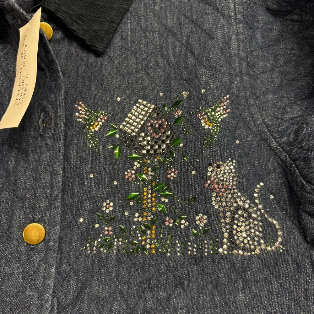 Rainbow Quilted‎ Denim Jacket Rhinestone Cat Snap Front Corduroy Collar Women